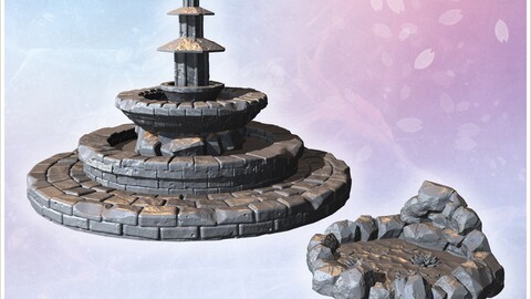 Large fountain with layered circular stone basins and adjacent decorative pond surrounded by rocks (3) | STL for 3D Printing Printer | Hard Surface