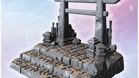 Small torii gate on stone steps with surrounding decorative bamboo and stacked rocks (5) | STL for 3D Printing Printer | Hard Surface