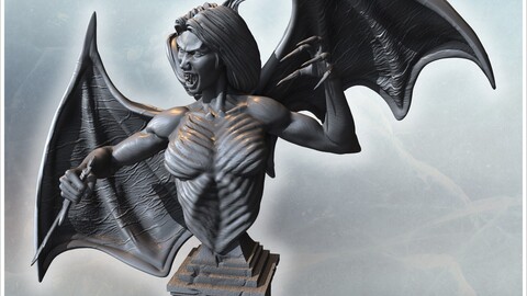 Bat-winged vampire woman with talons, spread wings, and fierce expression on rocky base (26) | STL for 3D Printing Printer | Hard Surface