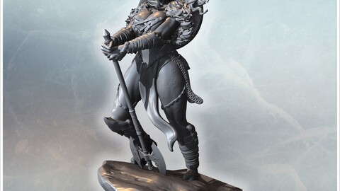 Warrior woman holding a battle axe, wearing detailed armor, standing on a rocky base (32) | STL for 3D Printing Printer | Hard Surface