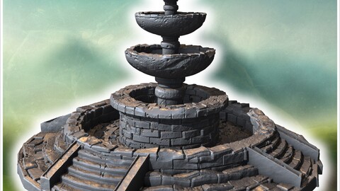 Tiered stone fountain with multiple basins, decorative steps, and circular stone platform (6) | STL for 3D Printing Printer | Hard Surface