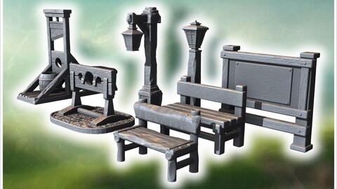 Execution set with guillotine, stocks, benches, lanterns, and wooden signboard (9) | STL for 3D Printing Printer | Hard Surface