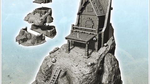 Pirate building on rock in boat shape with wooden access pontoon (13) | STL for 3D Printing Printer | Hard Surface