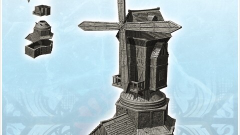 Medieval mill with quadruple blades and base annex (12) | STL for 3D Printing Printer | Hard Surface