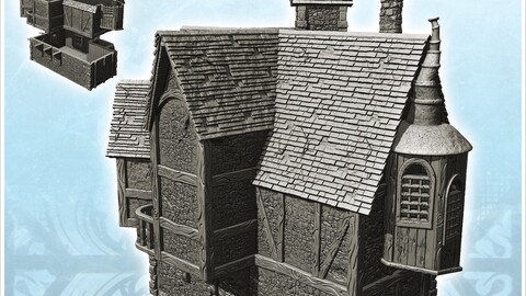 Large medieval manor with suspended room, zigzagging roof and chimney (16) | STL for 3D Printing Printer | Hard Surface