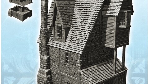 Medieval stone manor with large chimney and suspended room (18) | STL for 3D Printing Printer | Hard Surface