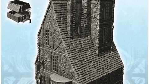 Medieval manor with English-style window, roof spikes and stone tower (19) | STL for 3D Printing Printer | Hard Surface