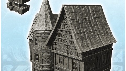 Large medieval house with tiled roof, fireplace and large entrance door (22) | STL for 3D Printing Printer | Hard Surface