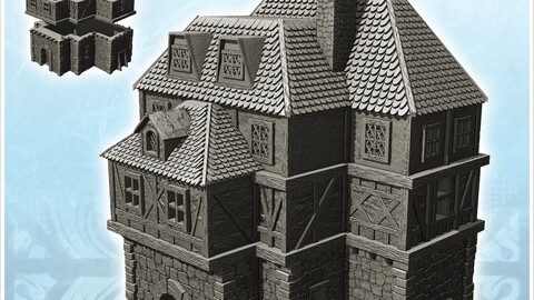 Medieval house with large roof and pointed centerpiece (24) | STL for 3D Printing Printer | Hard Surface