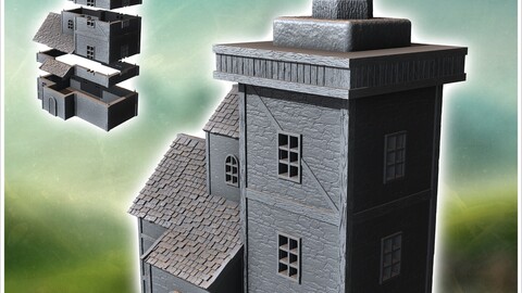 Medieval lighthouse with square stone tower and annex house (33) | STL for 3D Printing Printer | Hard Surface