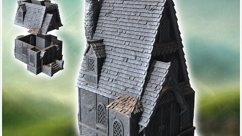 Large medieval mansion with access staircase and tiled roof (35) | STL for 3D Printing Printer | Hard Surface