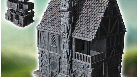 Medieval house with large exterior stone fireplace, balcony with ladder and wooden door (38) | STL for 3D Printing Printer | Hard Surface