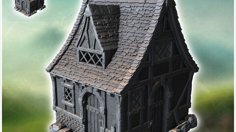 Medieval house with stone base, concave tiled roof and roof window (43) | STL for 3D Printing Printer | Hard Surface