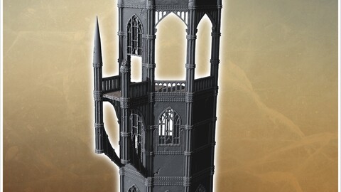 Tower-like structure with high gothic arches, spiked rooftop, and visible damage on walls and edges (19) | STL for 3D Printing Printer | Hard Surface