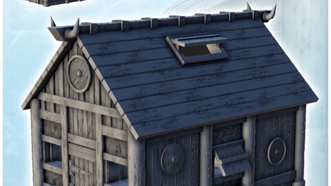 Viking house with wooden door and roof decorated with horns (2) | STL for 3D Printing Printer | Hard Surface