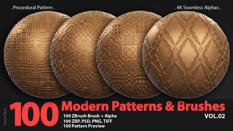 100 Modern Seamless Patterns & Brushes-VOL02 (4k & 16 bit In ZBP, PNG, PSD, TIFF, Tilable)