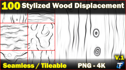 100 Ultra High-Quality Stylized Wood Displacements / Stylized Wood Alpha (Seamless and Tileable) Vol 1