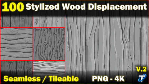 100 Ultra High-Quality Stylized Wood Displacements / Stylized Wood Alpha (Seamless and Tileable) Vol 2