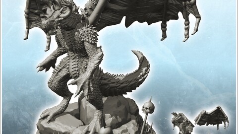 Winged dragon on rock and human skulls on spikes (10) | STL for 3D Printing Printer | Hard Surface