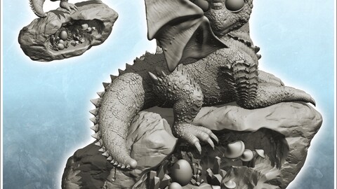 Baby winged dragon sitting on rock and mushrooms (11) | STL for 3D Printing Printer | Hard Surface