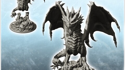 Dragon with open mouth and spiked tail on rock (12) | STL for 3D Printing Printer | Hard Surface