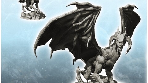 Dragon with double big horns on rock (13) | STL for 3D Printing Printer | Hard Surface