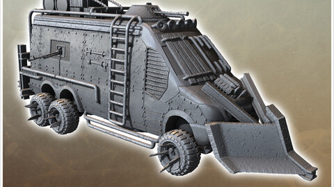 Armored car with exposed engine, side-mounted weapons, and reinforced exterior panels (27) | STL for 3D Printing Printer | Hard Surface