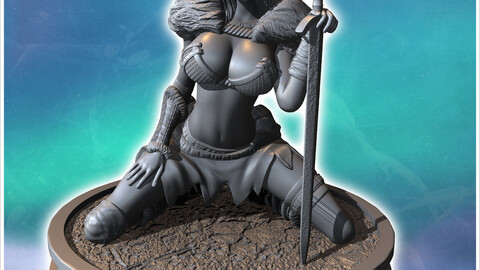 Warrior woman kneeling, holding a spear with a helmet and fur cape on her shoulders (31) | STL for 3D Printing Printer | Hard Surface