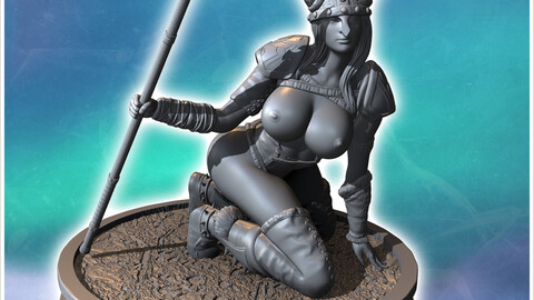 Female warrior kneeling with a spear in one hand and a large shield in the other (32) (NSFW) | STL for 3D Printing Printer | Hard Surface