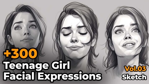 +300 Teenage Girl Facial Expressions Sketch Reference Images(4k)