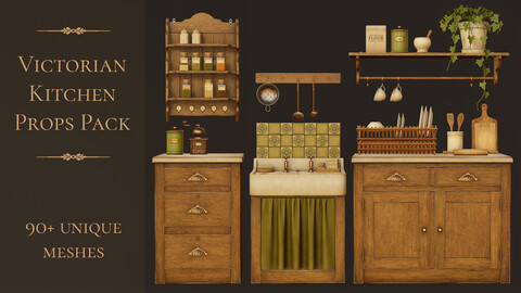 Victorian Kitchen Props Pack | Furniture, Stove, Sink, Cookware, Food