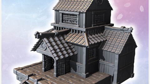 Japanese pagoda-style building with multiple tiers, wooden walls, and ornate roof details (8) | STL for 3D Printing Printer | Hard Surface