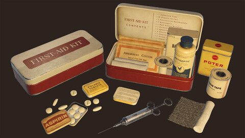 Vintage First Aid Kit | Bottles, Pills, Syringe, First Aid