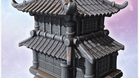 Traditional Japanese pagoda-style house with intricate wooden beams and decorative roof tiles (17) | STL for 3D Printing Printer | Hard Surface