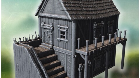 Medieval wooden house with stone foundation, detailed stairs, and fortified balcony (3) | STL for 3D Printing Printer | Hard Surface