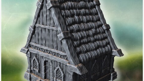 Wooden house with thatched roof, decorative carvings, and small porch entrance (5) | STL for 3D Printing Printer | Hard Surface