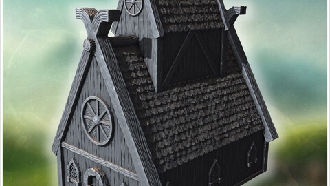 Traditional wooden hall with steep roof, reinforced framework, and decorative woodwork (7) | STL for 3D Printing Printer | Hard Surface