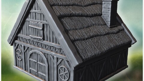 Medieval timber-framed house with thatched roof, chimney, and wooden reinforcements (10) | STL for 3D Printing Printer | Hard Surface