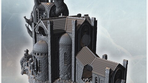 Gothic cathedral ruin with domed towers, large tree roots intertwining its structure (2) | STL for 3D Printing Printer | Hard Surface