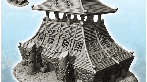 Large curved-roof medieval building with upstairs terrace and stone entrance totem (6) | STL for 3D Printing Printer | Hard Surface