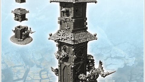 Large medieval tower with multiple tiled roofs and plant-covered walls (8) | STL for 3D Printing Printer | Hard Surface