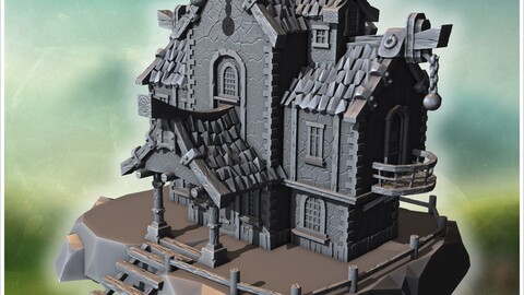 Elevated pirate house on rocky terrain with wooden walkways, stairs, and decorative chains (12) | STL for 3D Printing Printer | Hard Surface