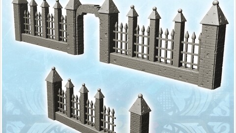 Iron fence set with stone posts and gate (2) | STL for 3D Printing Printer | Hard Surface