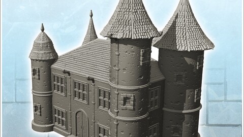 Large modern castle with double towers and entrance stairs (4) | STL for 3D Printing Printer | Hard Surface