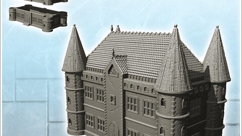 Large modern castle with quadruple corner towers and central entrance (8) | STL for 3D Printing Printer | Hard Surface