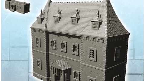 Large modern house with high spiked roof and canopy entrance (9) | STL for 3D Printing Printer | Hard Surface