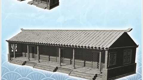 Long asian building with awning and platform stairs (19) | STL for 3D Printing Printer | Hard Surface