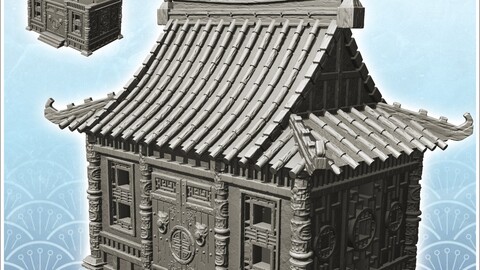 Asian temple with big roof and access stairs (22) | STL for 3D Printing Printer | Hard Surface