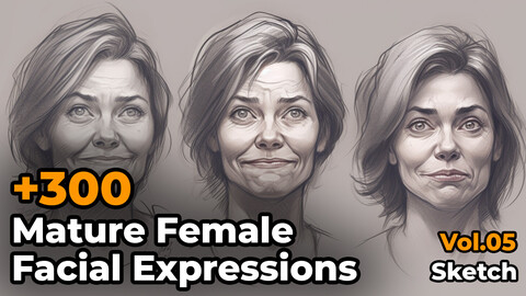 +300 Mature Female Facial Expressions Sketch Reference Images(4k)