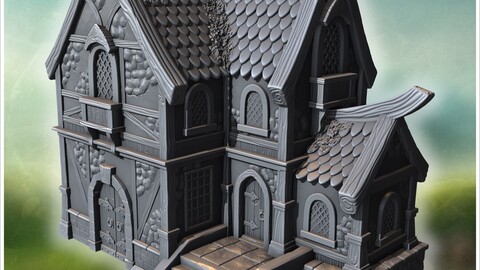 Haunted house with steep tiled roofs, wooden balconies, and intricate stone details on walls (14) | STL for 3D Printing Printer | Hard Surface